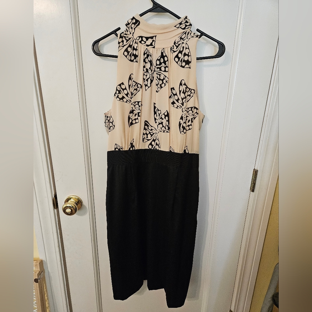 Milly Cream and Black Patterned High Neck Dress With Tie